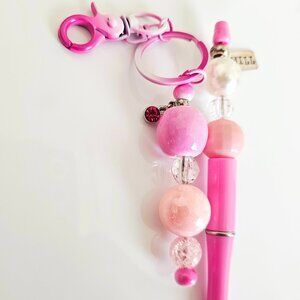 Ombre Pink Bubble Bead Pen & Keychain Set, Pearls, Silver Charm, Bubble Bead Key